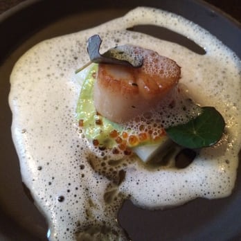Smörgåstårteriet - Scallop with white asparagus, salmon roe, and oyster foam - Tapas/Small Plates Near Me - Stockholm, Alberta Smörgåstårteriet - Scallop with white asparagus, salmon roe, and oyster foam - Tapas/Small Plates Near Me - Stockholm, Alberta