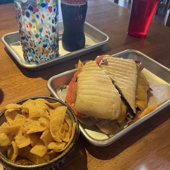 Legacy Cafe - Roast beef panini with a coke and side of Fritos.  Look how full the sandwich is!! - Cafes Near Me - Taos, New Mexico
