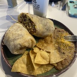 Breakfast Burrito, refried beans and chips Breakfast Burrito, refried beans and chips