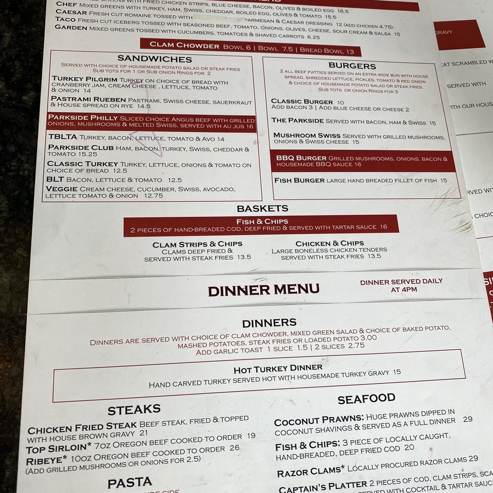 Parkside Restaurant and Lounge - Lunch and dinner menu 7/23/22 - Bars Near Me - Garibaldi, Oregon Parkside Restaurant and Lounge - Lunch and dinner menu 7/23/22 - Bars Near Me - Garibaldi, Oregon