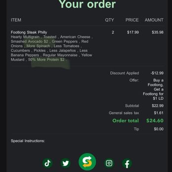 Subway - Paid extra for no extra meat Paid extra for no added avocado - A digital receipt shows an order for two Footlong Steak Philly sandwiches, with details on ingredients, discounts, and total cost. - Sandwiches Near Me - Ottawa, Illinois