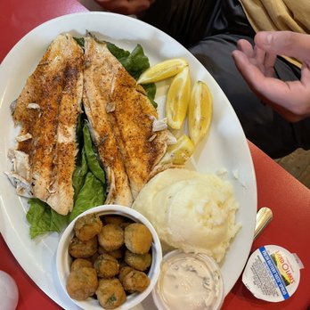 Elvira's Cafe - Blackened NC Mountain Trout, mashed potatoes, Fried Okra - American Near Me - Sevierville, Tennessee Elvira's Cafe - Blackened NC Mountain Trout, mashed potatoes, Fried Okra - American Near Me - Sevierville, Tennessee