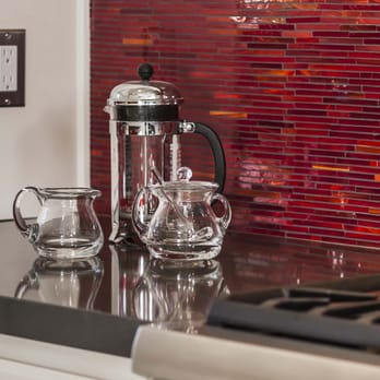 Wendy Walter Design - Red matchstick glass tile adds beauty and pizazz to the kitchen - Interior Design Near Me Wendy Walter Design - Red matchstick glass tile adds beauty and pizazz to the kitchen - Interior Design Near Me