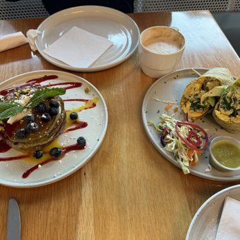 Outpost Kitchen - Blueberry pancakes (GF) and Egg burrito. - Breakfast & Brunch Near Me - Costa Mesa, California Outpost Kitchen - Blueberry pancakes (GF) and Egg burrito. - Breakfast & Brunch Near Me - Costa Mesa, California
