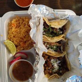 Fogata Mexican Restaurant - Carne asada, carnitas, and barbacoa tacos with rice and beans - Mexican Near Me - Hartford, Connecticut
