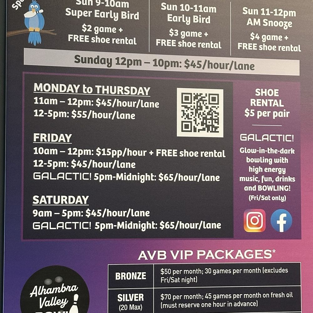 Price chart, special deals, bowling packages