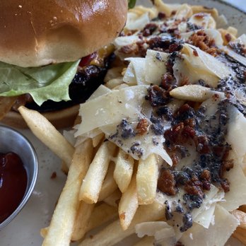 Glass & Vine - G&V Burger and upgraded to truffle fries - New American Near Me - Miami, Florida Glass & Vine - G&V Burger and upgraded to truffle fries - New American Near Me - Miami, Florida