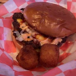 Smash burger and a couple cowboy bites (cream cheese, corn, jalapeño, bacon)