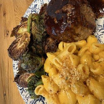 Tupelo Honey Southern Kitchen & Bar - Bourbon Peppercorn Glazed Meatloaf , Mac & cheese , Brussel sprouts - New American Near Me - Greenville, South Carolina Tupelo Honey Southern Kitchen & Bar - Bourbon Peppercorn Glazed Meatloaf , Mac & cheese , Brussel sprouts - New American Near Me - Greenville, South Carolina