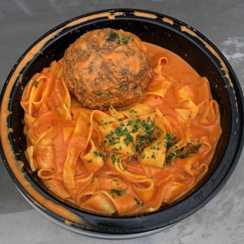 Laboratorio Kitchen - Veal meatball over homemade pappardelle in a tomato cream sauce DELICIOUS! - Italian Near Me - Montclair, New Jersey Laboratorio Kitchen - Veal meatball over homemade pappardelle in a tomato cream sauce DELICIOUS! - Italian Near Me - Montclair, New Jersey