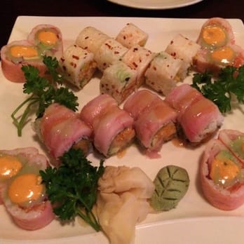 Mikado - Chili Pepper roll (at the top); Mikado Special (at each corner); Fancy roll (middle) - Chinese Near Me - Beverly, Massachusetts
