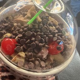 Yogurt, avocado, salted, chocolate, caramel, chocolate chips, slice of pineapples, cherries