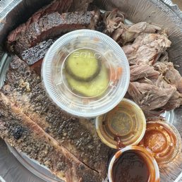 2 baby back ribs, 1/2 cup of pork and 3 small strips of brisket My Side: small solo cup of cucumber salad