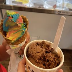 Kilwins Ice Cream - Chocolate - Fudge - Superman cone and sea salt chocolate caramel in a cup