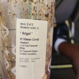 a cup of coffee with a label on it