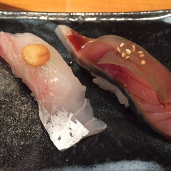 Asanebo - L-R: sea bream/snapper.  Saba mackerel freakin Yeesss! A mild flavor and So soft! - Sushi Bars Near Me - Studio City, California