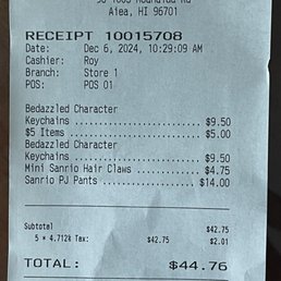 Receipt of today's purchase. Double charged for key chain. Receipt of today's purchase. Double charged for key chain.