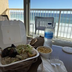 Bamboo's Jamaican - Jerk chicken, macaroni and cheese, and coco bread.