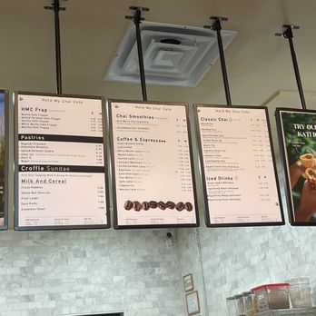 Hold My Chai - Menu - sorry the pic is so far you can't really read it well... - Coffee & Tea Near Me - Frisco, Texas Hold My Chai - Menu - sorry the pic is so far you can't really read it well... - Coffee & Tea Near Me - Frisco, Texas