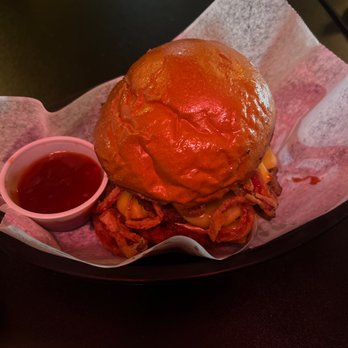Tonys Darts Away - Bullseye burger vegan bacon , onion rings, cheese ,double impossible burger , and bbq - Gastropubs Near Me - Burbank, California Tonys Darts Away - Bullseye burger vegan bacon , onion rings, cheese ,double impossible burger , and bbq - Gastropubs Near Me - Burbank, California