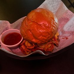 Tonys Darts Away - Bullseye burger vegan  bacon , onion rings, cheese ,double impossible burger , and bbq