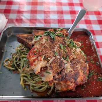 Eris Food - "Chicken" parm with spaghetti and toast - Vegan Near Me - Oceanside, California Eris Food - "Chicken" parm with spaghetti and toast - Vegan Near Me - Oceanside, California
