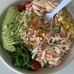 Build your own bowl medium with tuna & salmon and of course the krab salad and avocado.