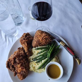 Deux Bistro - Tuesday Fried Chicken Dinner; Burgundian Gamay. Rustic, juicy, dark red grape - French Near Me - Woodland Hills, California