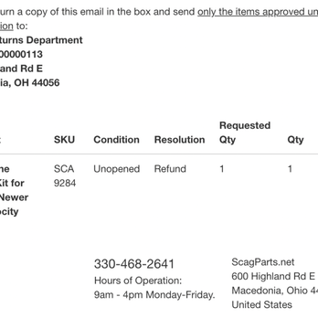 Sohars - A printed order return form includes product details such as SKU, condition, resolution, and status. It provides contact information for the business, including phone number, address, and website. The form specifies the product as a mulch kit for a 2006 model with a velocity deck, and includes operational hours for the business. - Hardware Stores Near Me - Macedonia, Ohio