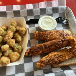 Mild chicken strips and fried okra with ranch. Mild chicken strips and fried okra with ranch.