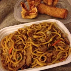 Beijing Chinese Restaurant - Pork Lo mein, fried wontons, and egg roll