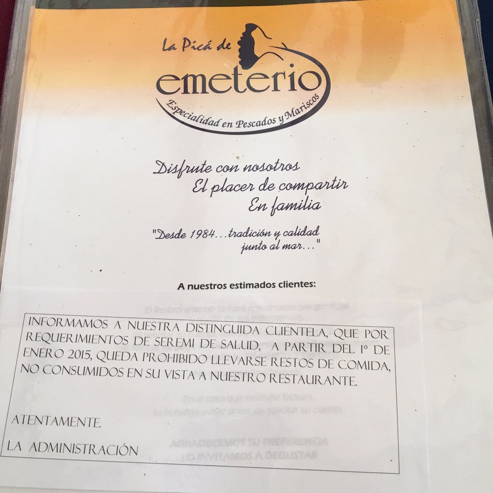 Restaurant La Pica de Emeterio - Menu front cover - Seafood Near Me - Concón, VS