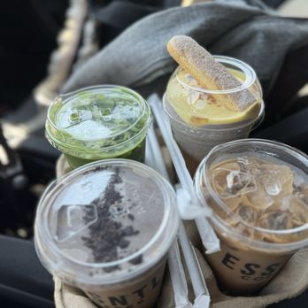 ESSNTL Coffee - Earl grey matcha  Hazelnut latte Cookies & cream coffee, 1 with egg foam on top - Coffee & Tea Near Me - San Diego, California
