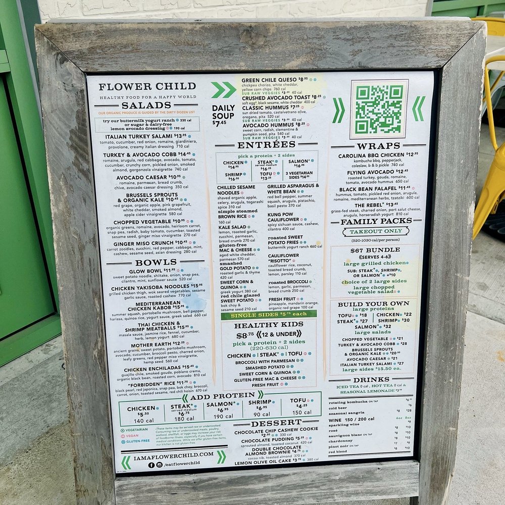 Flower Child - Menu outside entrance - New American Near Me - Houston, Texas Flower Child - Menu outside entrance - New American Near Me - Houston, Texas