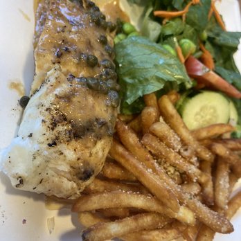 NDMK Fish House - Halibut fish plate with salad and truffle fries and garlic caper sauce - Sushi Bars Near Me - Avalon, California NDMK Fish House - Halibut fish plate with salad and truffle fries and garlic caper sauce - Sushi Bars Near Me - Avalon, California