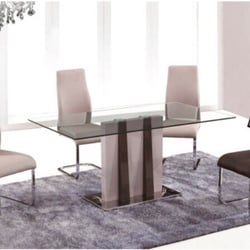 Universal Furniture - Dining table with 4 chairs. Champagne and dark brown with stainless steel base and clear glass top. $1500.