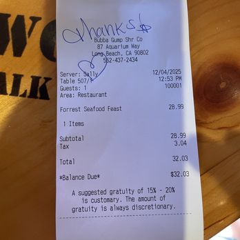 Bubba Gump Shrimp - Total cost of my meal witn an extra heart from Sally - Seafood Near Me - Long Beach, California