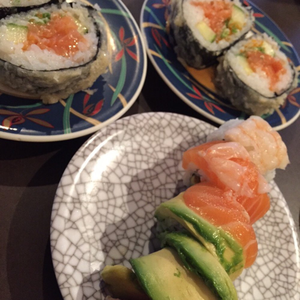 Sushi Boat - Rainbow roll and spicy salmon tempura rolls - Japanese Near Me - Calgary, Alberta Sushi Boat - Rainbow roll and spicy salmon tempura rolls - Japanese Near Me - Calgary, Alberta