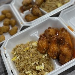 Geaux Wings N Rice - Top Left: Corn Nuggets Top Right: 5 Pc Bone-In Combo w/ Spicy Sweet Mango and Rice Bottom: 5 Pc Bone-In Combo w/ Buffalo and Rice
