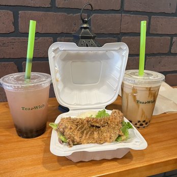Teawich - Brown sugar milk tea, strawberry lemonade with boba, fried chicken bao - Bubble Tea Near Me - Upland, California Teawich - Brown sugar milk tea, strawberry lemonade with boba, fried chicken bao - Bubble Tea Near Me - Upland, California