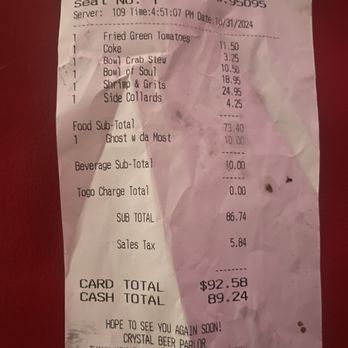 Crystal Beer Parlor - Receipt for price transparency - Southern Near Me - Savannah, Georgia Crystal Beer Parlor - Receipt for price transparency - Southern Near Me - Savannah, Georgia