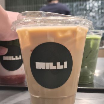 Milli Matcha - Vannilla Latte with Strawberry Matcha and Matcha Latte in the background - Coffee & Tea Near Me - Pasadena, California