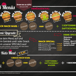 BFB - Wähle dein BFB Menü! Wir empfehlen dir immer ein Upgrade: wähle einen Burger mit Cocktail und SPECIAL Beilage!