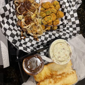 Park Road Soda Shoppe - Kannapolis - Hamburger steak with grilled onions and A1 sauce Sides : fried okra and potato salad - American Near Me - Kannapolis, North Carolina Park Road Soda Shoppe - Kannapolis - Hamburger steak with grilled onions and A1 sauce Sides : fried okra and potato salad - American Near Me - Kannapolis, North Carolina