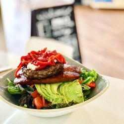 Emelle's Market Bistro  & Catering - Rusty anchor burger with no bun on a salad