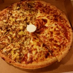 Half cheese and half sausage/mushroom/artichoke hearts.