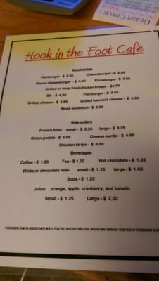 Menu photo 1 Hook In The Foot Cafe Wabeno, WI