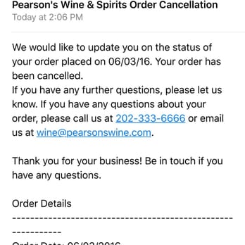 Pearson's Wine & Spirits - Order is canceled by Pearson's because they sold a bottle of whiskey for $20 cheaper than they would have liked. So honorable. - Beer, Wine & Spirits Near Me - Washington, DC, District of Columbia