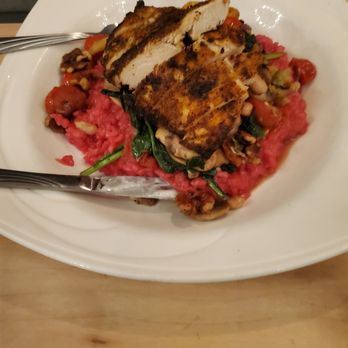 Mel's at 22 - Beet risotto topped with roasted cauliflower, sauteed mushrooms, roasted walnuts, cannellini beans, spinach and roasted tomatoes. - Bars Near Me - Cooperstown, New York Mel's at 22 - Beet risotto topped with roasted cauliflower, sauteed mushrooms, roasted walnuts, cannellini beans, spinach and roasted tomatoes. - Bars Near Me - Cooperstown, New York
