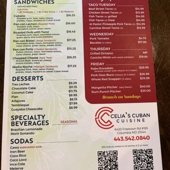 Celias Cuban Cuisine - Menu with daily specials. - Cuban Near Me - Columbia, Maryland Celias Cuban Cuisine - Menu with daily specials. - Cuban Near Me - Columbia, Maryland